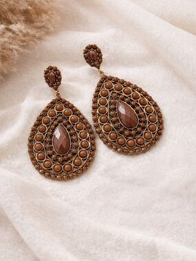 Brown Teardrop Beaded Statement Earrings